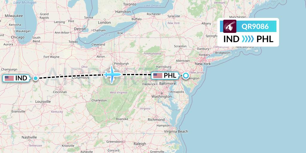 QR9086 Qatar Airways Flight Map: Indianapolis to Philadelphia