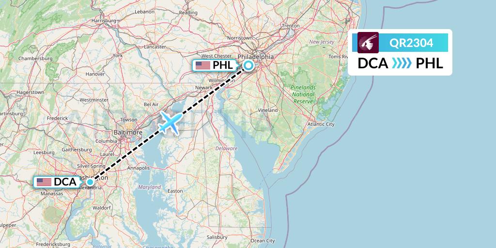 QR2304 Qatar Airways Flight Map: Washington to Philadelphia