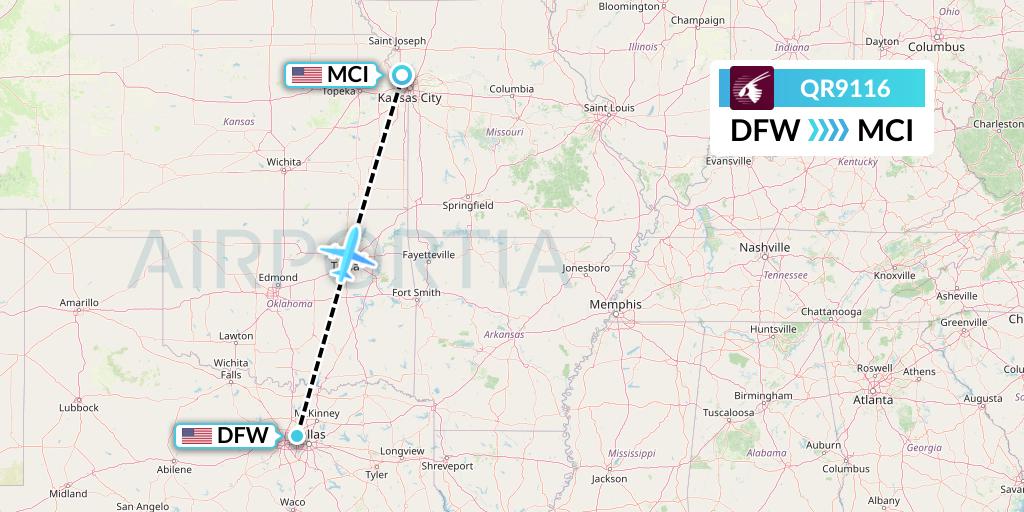 QR9116 Qatar Airways Flight Map: Dallas to Kansas City