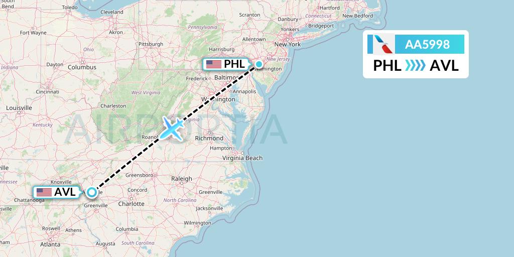 AA5998 American Airlines Flight Map: Philadelphia to Asheville