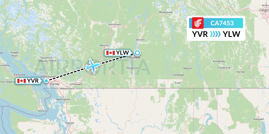 CA7453 Air China Flight Map: Vancouver to Kelowna