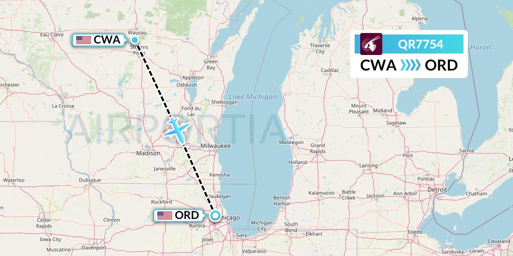 QR7754 Qatar Airways Flight Map: Wausau to Chicago