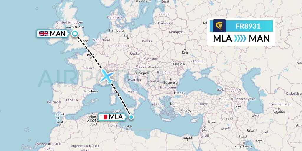 FR8931 Ryanair Flight Map: Malta to Manchester