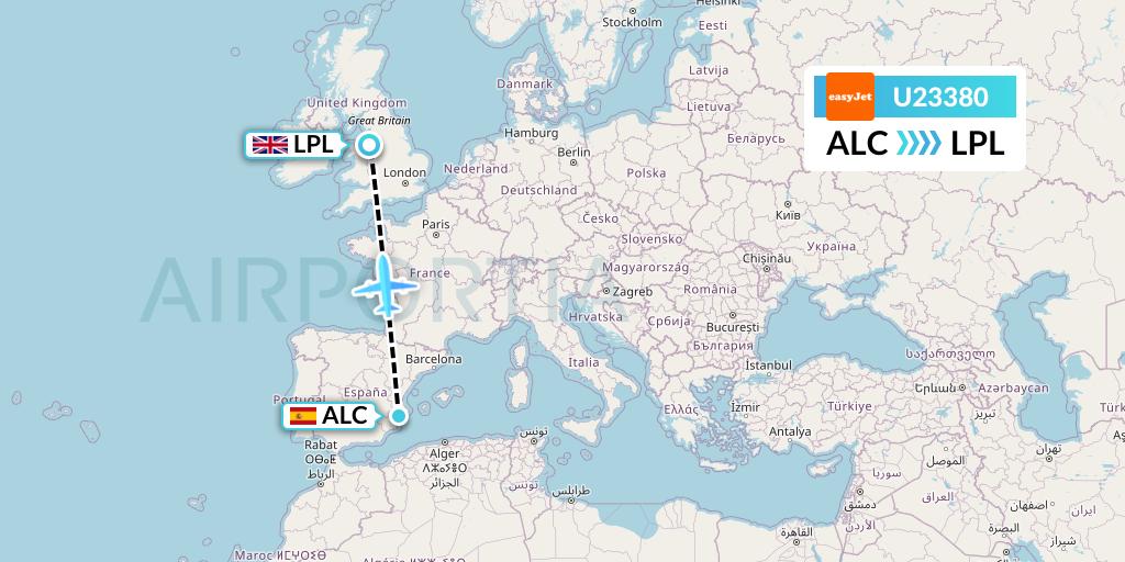 U23380 EasyJet Flight Map: Alicante to Liverpool