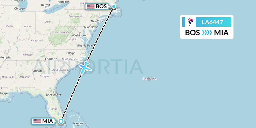 LA6447 LAN Airlines Flight Map: Boston to Miami