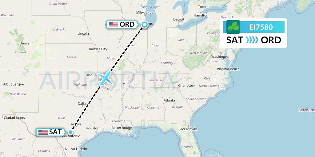 EI7580 Aer Lingus Flight Map: San Antonio to Chicago