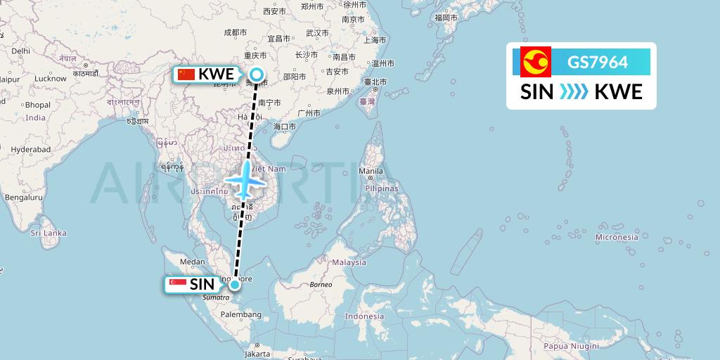GS7964 Tianjin Airlines Flight Map: Singapore to Guiyang