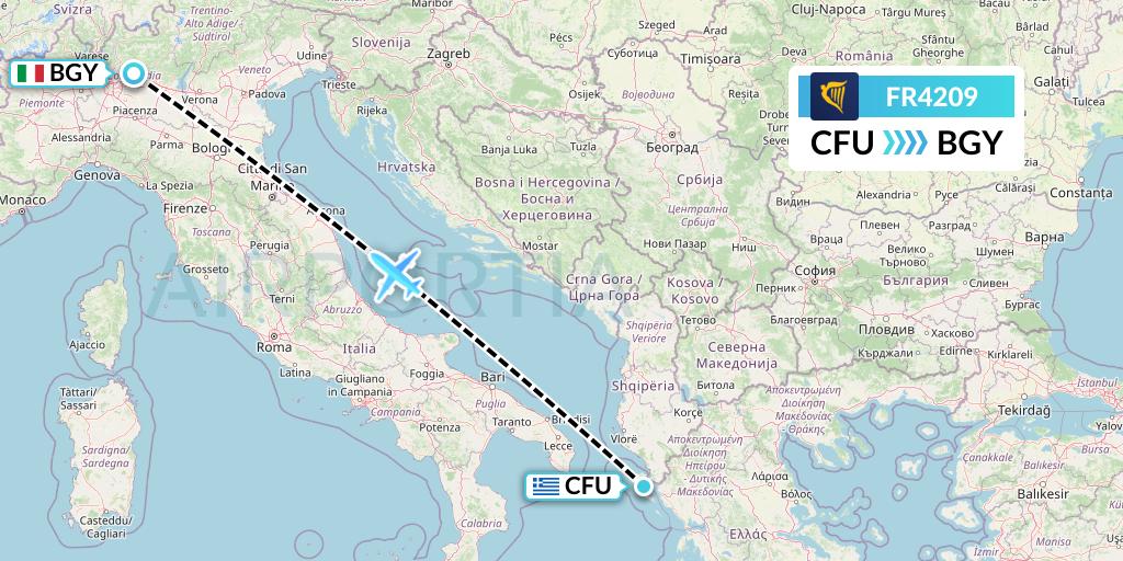 FR4209 Ryanair Flight Map: Corfu to Milan