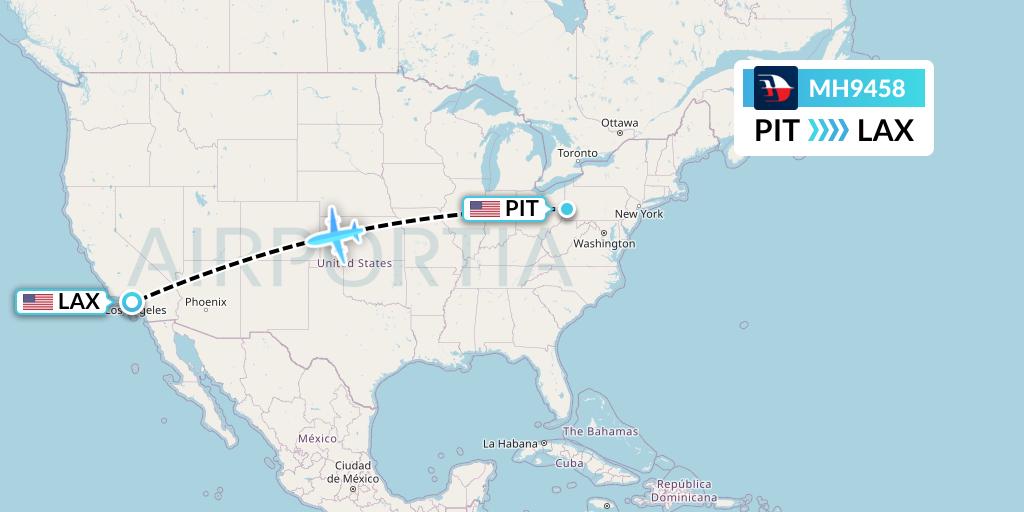 MH9458 Malaysia Airlines Flight Map: Pittsburgh to Los Angeles