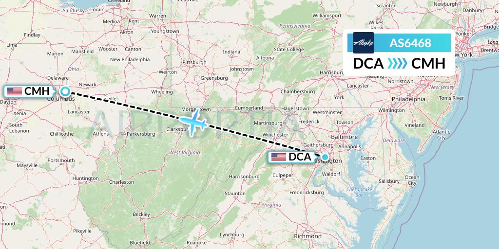 AS6468 Alaska Airlines Flight Map: Washington to Columbus