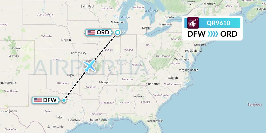 QR9610 Qatar Airways Flight Map: Dallas to Chicago