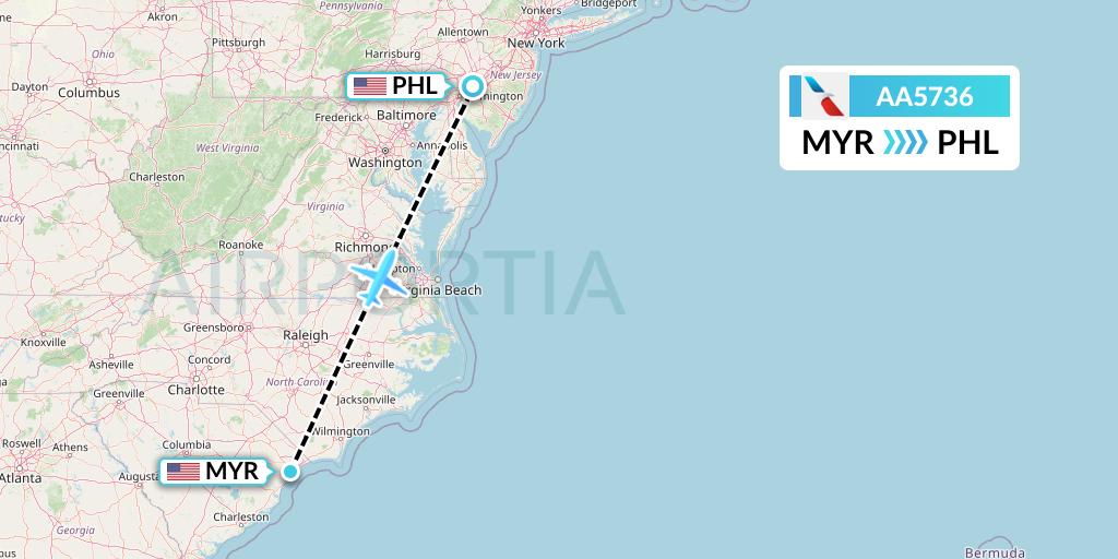 AA5736 American Airlines Flight Map: Myrtle Beach to Philadelphia