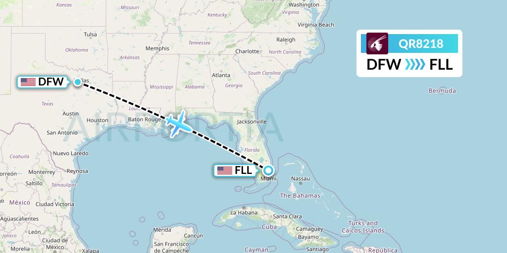 QR8218 Qatar Airways Flight Map: Dallas to Fort Lauderdale