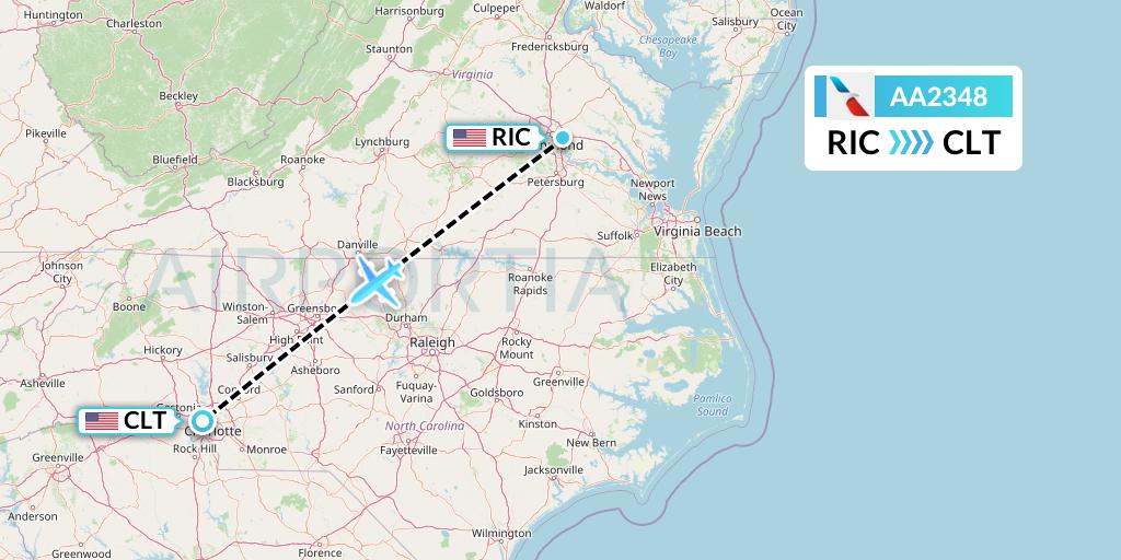 AA2348 American Airlines Flight Map: Richmond to Charlotte
