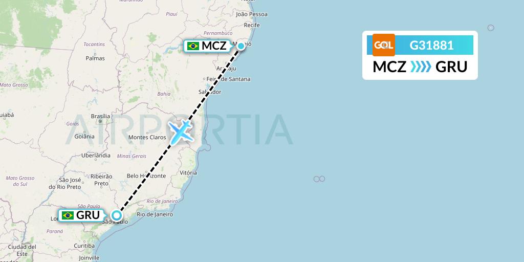 G31881 GOL Transportes Aeros Flight Map: Maceio to Sao Paulo