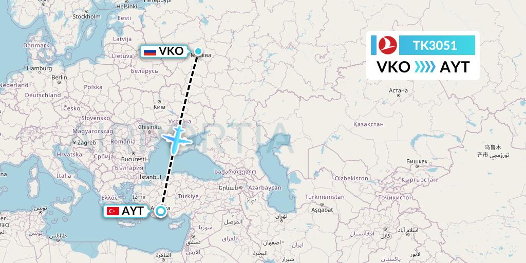 TK3051 Turkish Airlines Flight Map: Moscow to Antalya