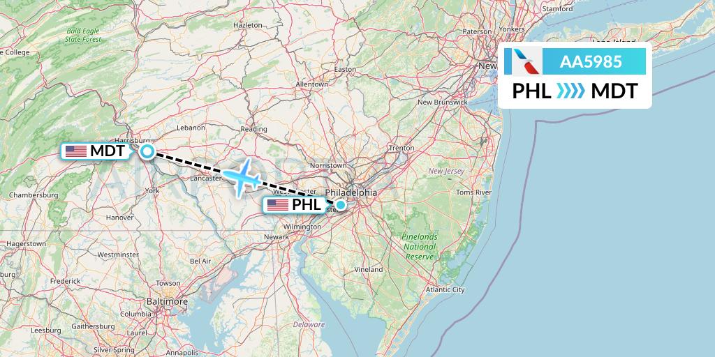 AA5985 American Airlines Flight Map: Philadelphia to Harrisburg