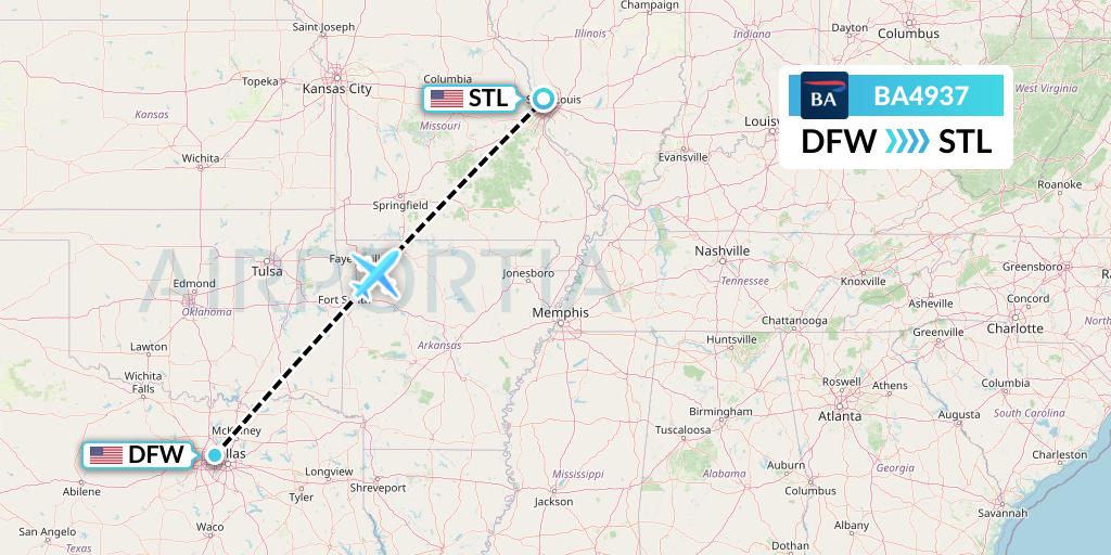 BA4937 British Airways Flight Map: Dallas to St. Louis