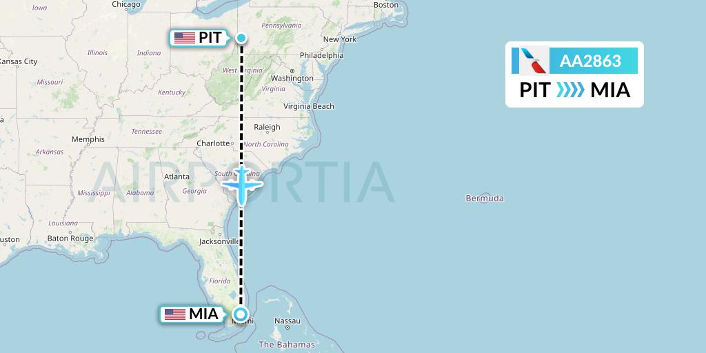 AA2863 American Airlines Flight Map: Pittsburgh to Miami