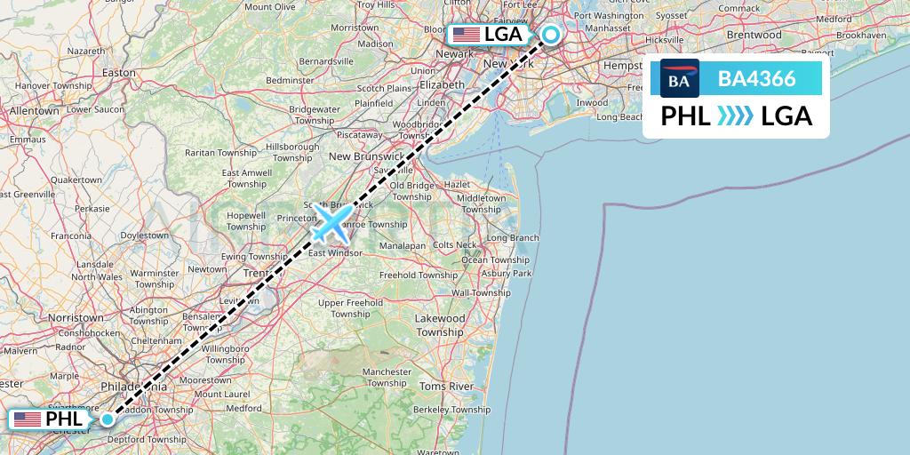 BA4366 British Airways Flight Map: Philadelphia to New York