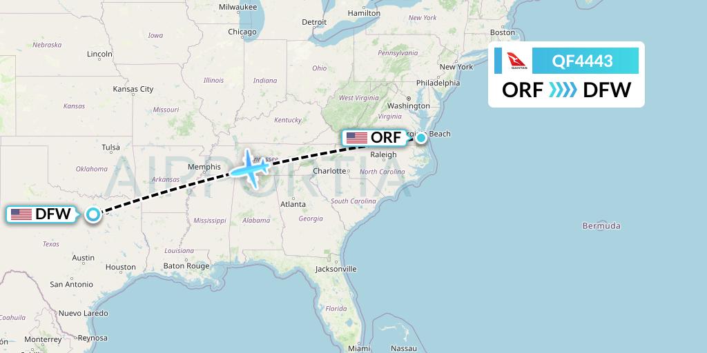 QF4443 Qantas Flight Map: Norfolk to Dallas