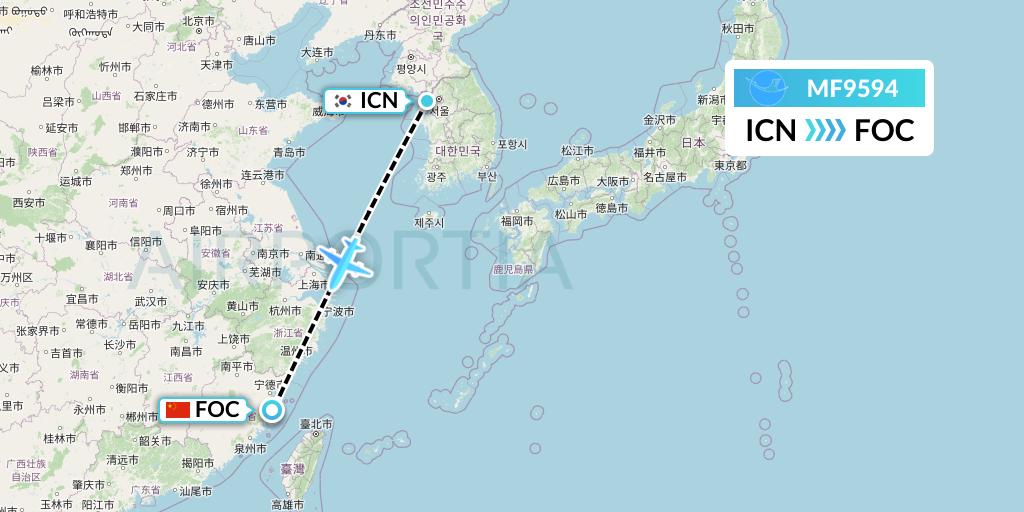 MF9594 Xiamen Airlines Flight Map: Seoul to Fuzhou