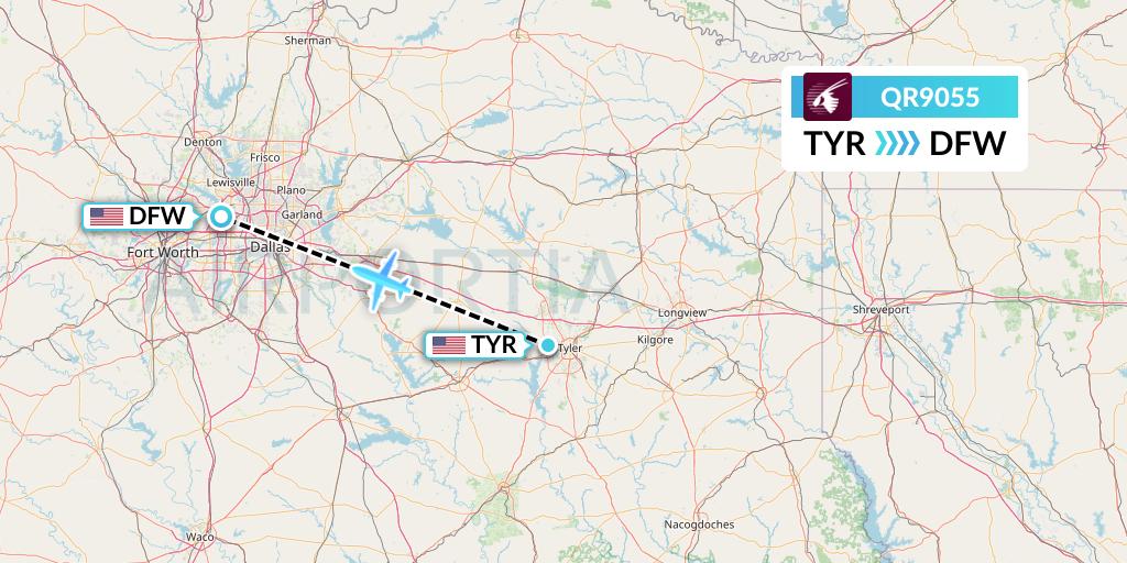 QR9055 Qatar Airways Flight Map: Tyler to Dallas