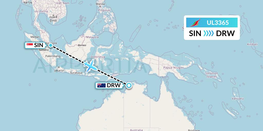 UL3365 SriLankan Airlines Flight Map: Singapore to Darwin