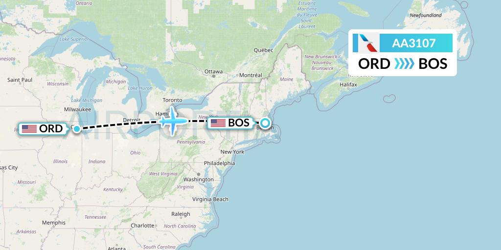 AA3107 American Airlines Flight Map: Chicago to Boston