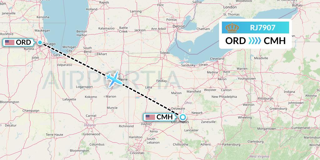 RJ7907 Royal Jordanian Flight Map: Chicago to Columbus