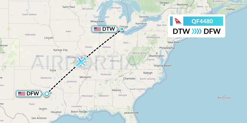 QF4480 Qantas Flight Map: Detroit to Dallas