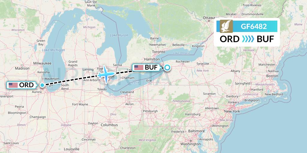 GF6482 Gulf Air Flight Map: Chicago to Buffalo