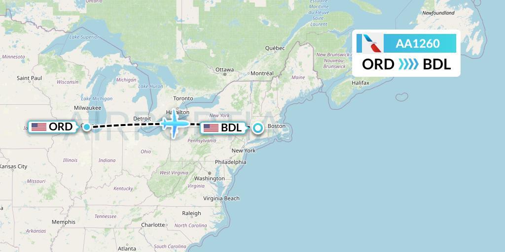 AA1260 American Airlines Flight Map: Chicago to Windsor Locks