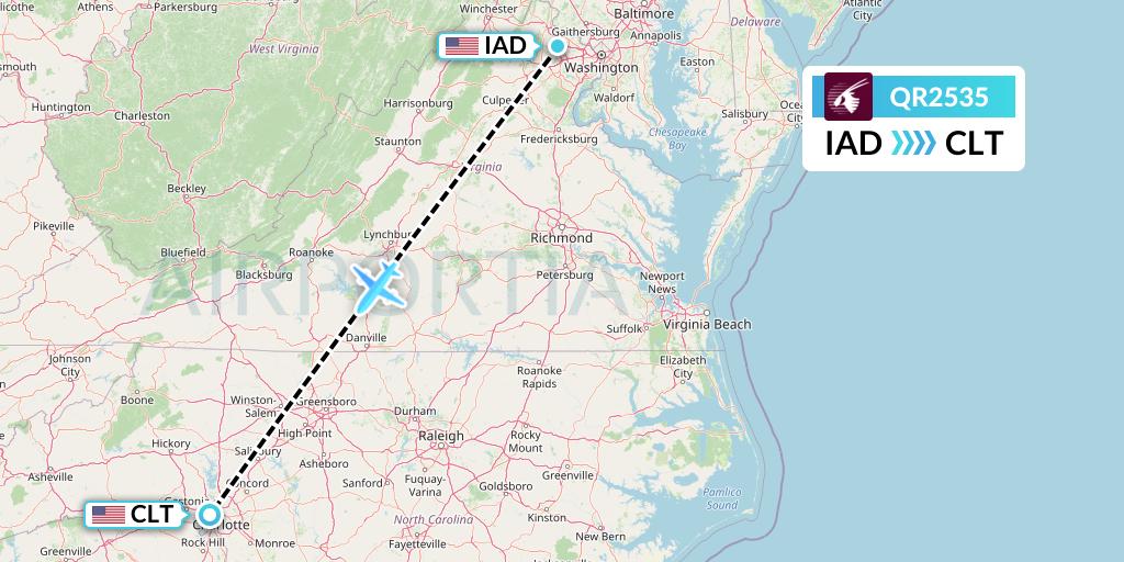 QR2535 Qatar Airways Flight Map: Washington to Charlotte