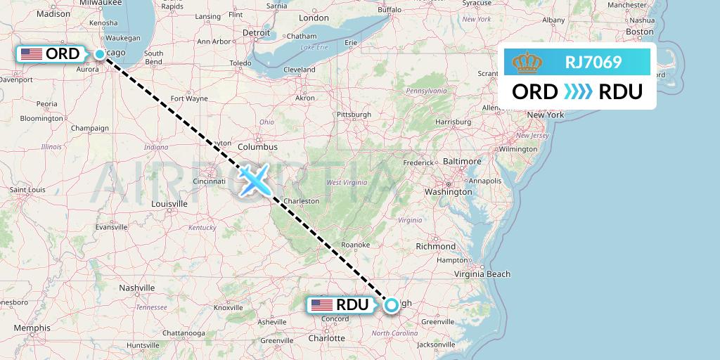 RJ7069 Royal Jordanian Flight Map: Chicago to Raleigh-Durham