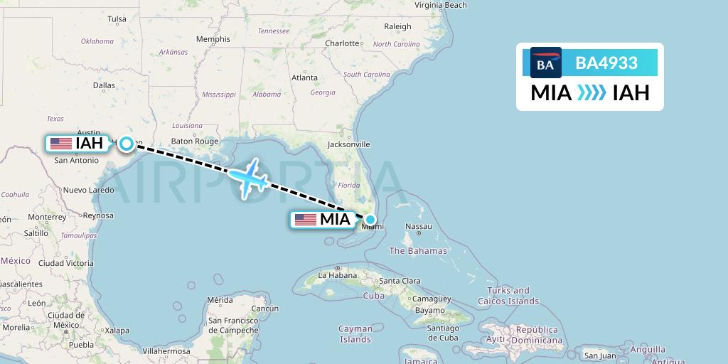 BA4933 British Airways Flight Map: Miami to Houston