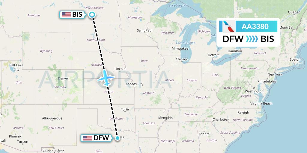 AA3380 American Airlines Flight Map: Dallas to Bismarck