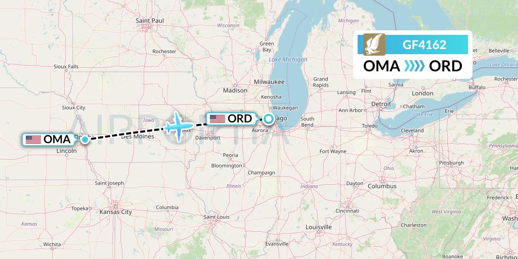 GF4162 Gulf Air Flight Map: Omaha to Chicago