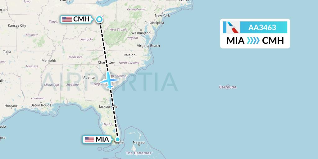 AA3463 American Airlines Flight Map: Miami to Columbus