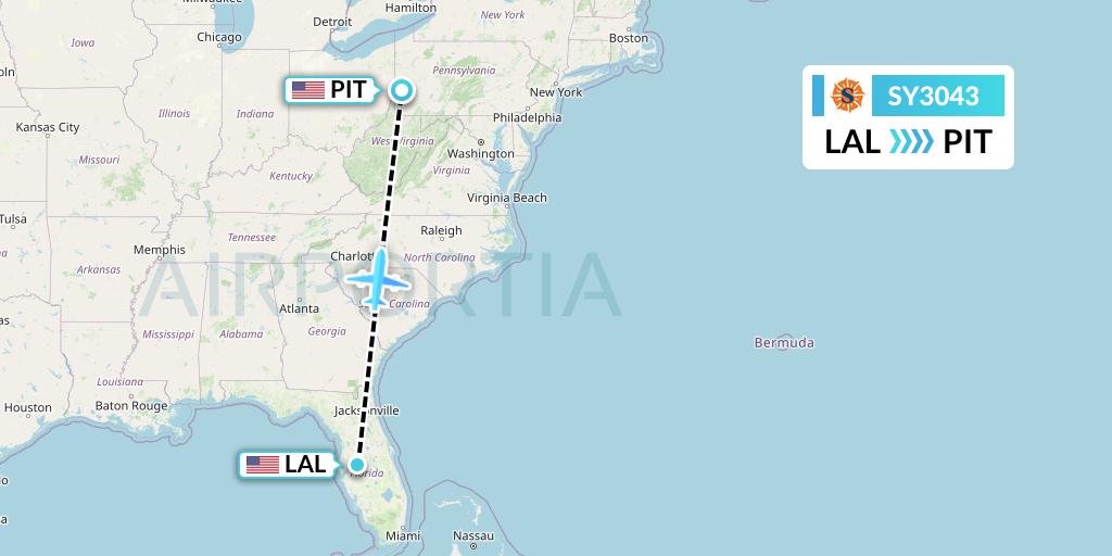 SY3043 Sun Country Airlines Flight Map: Lakeland to Pittsburgh