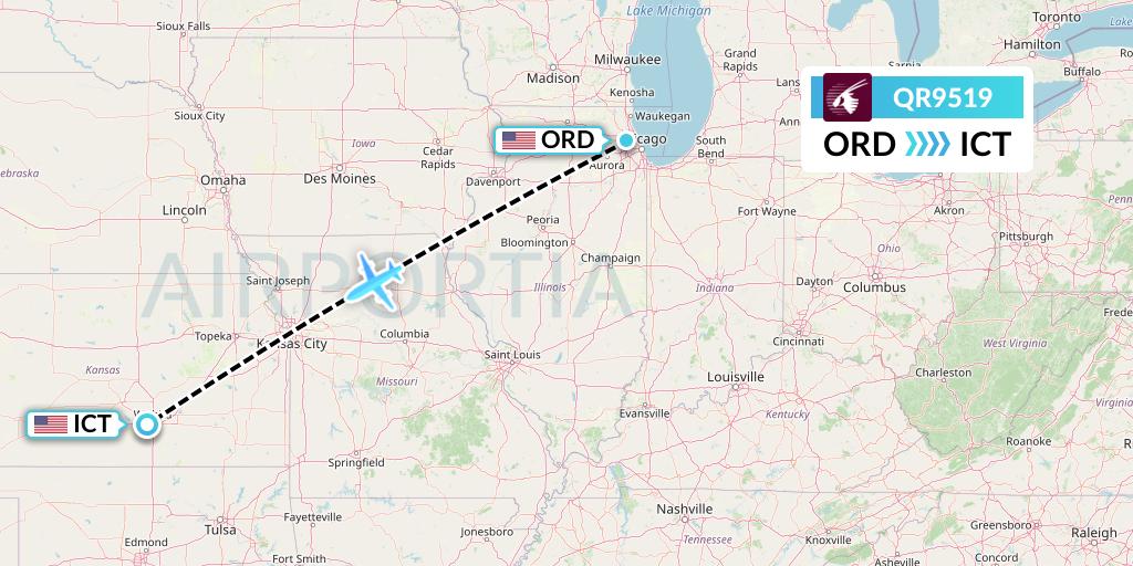 QR9519 Qatar Airways Flight Map: Chicago to Wichita
