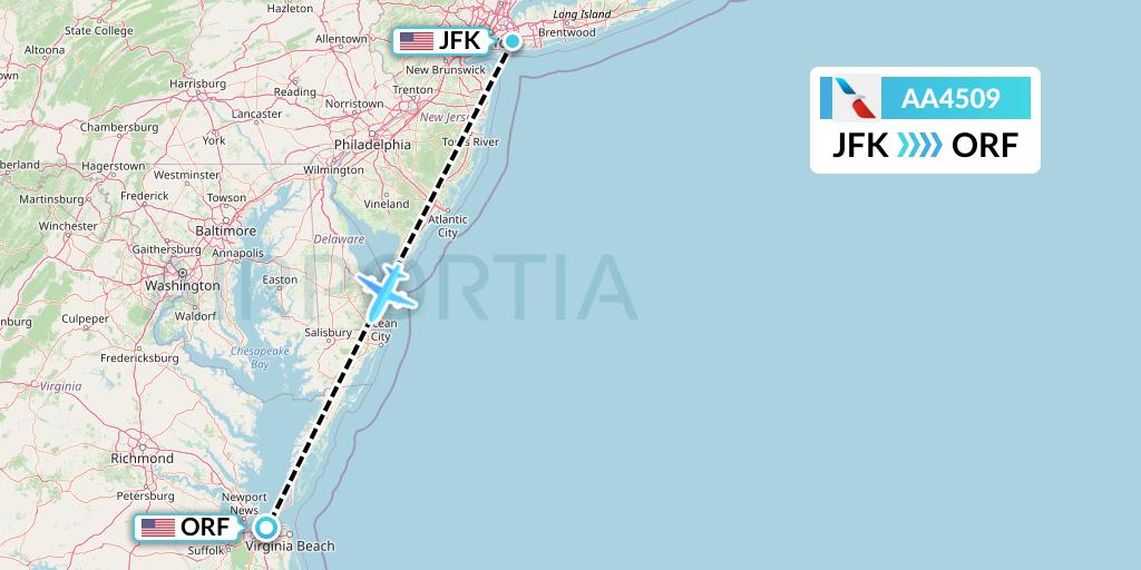 AA4509 American Airlines Flight Map: New York to Norfolk