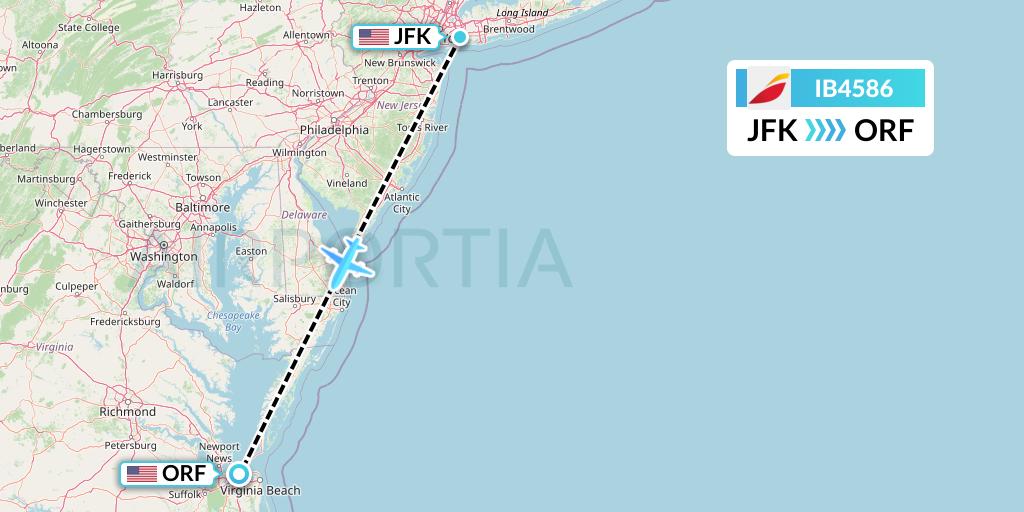 IB4586 Iberia Flight Map: New York to Norfolk