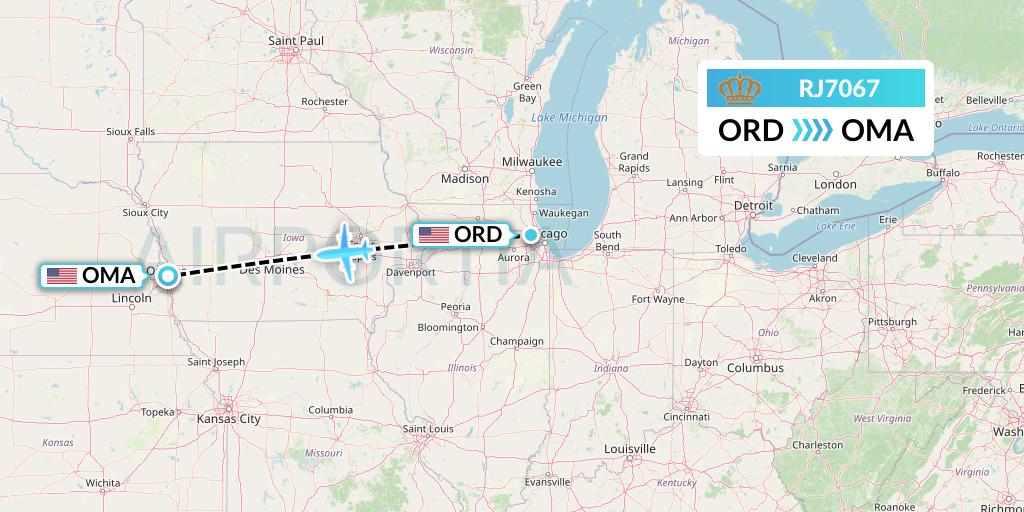 RJ7067 Royal Jordanian Flight Map: Chicago to Omaha