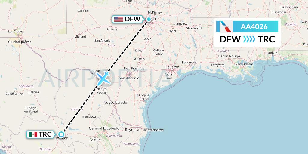 AA4026 American Airlines Flight Map: Dallas to Torreon