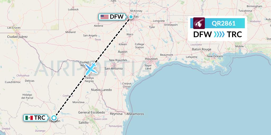 QR2861 Qatar Airways Flight Map: Dallas to Torreon
