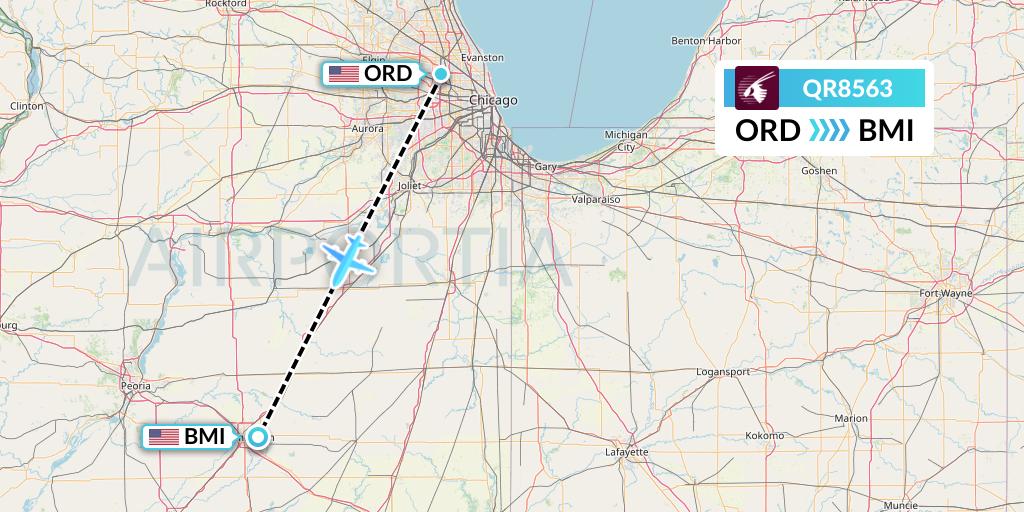 QR8563 Qatar Airways Flight Map: Chicago to Bloomington