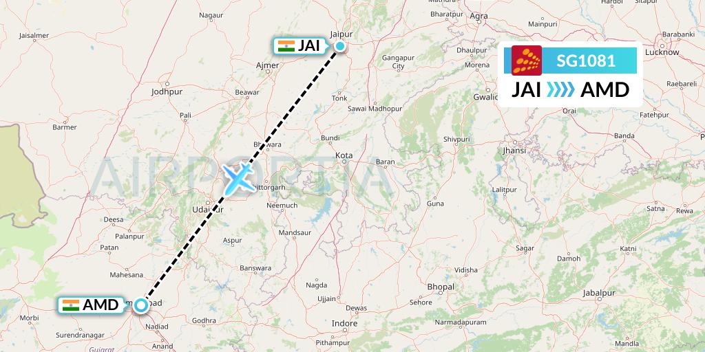 SG1081 SpiceJet Flight Map: Jaipur to Ahmedabad