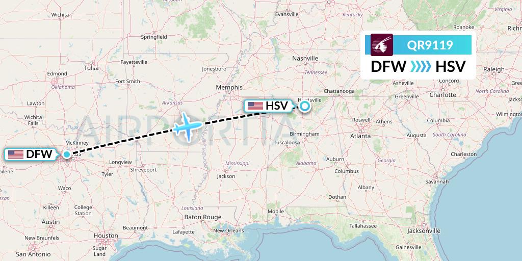QR9119 Qatar Airways Flight Map: Dallas to Huntsville