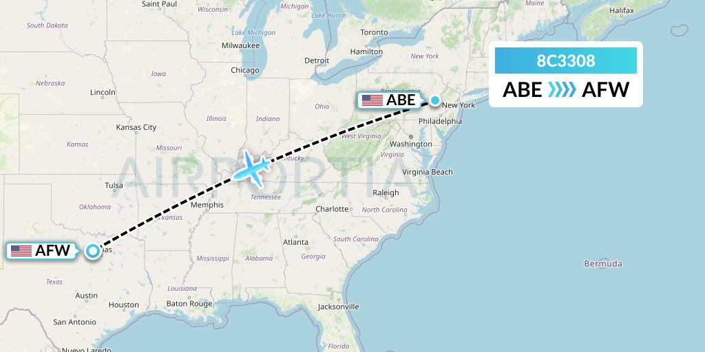 8C3308 Air Transport International Flight Map: Allentown to Fort Worth